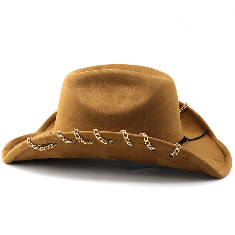 Sombrero vaquero de terciopelo y ante para todas las estaciones con cadena metálica dorada estilo punk
