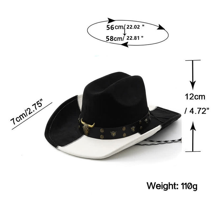 Sombrero de vaquero de ante sintético con banda de remaches de toro en blanco y negro en contraste