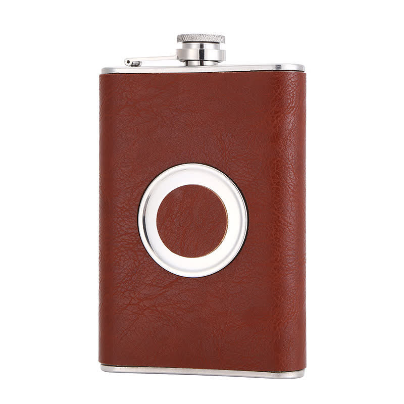 Termo portátil de 8 oz con revestimiento de cuero y vaso integrado