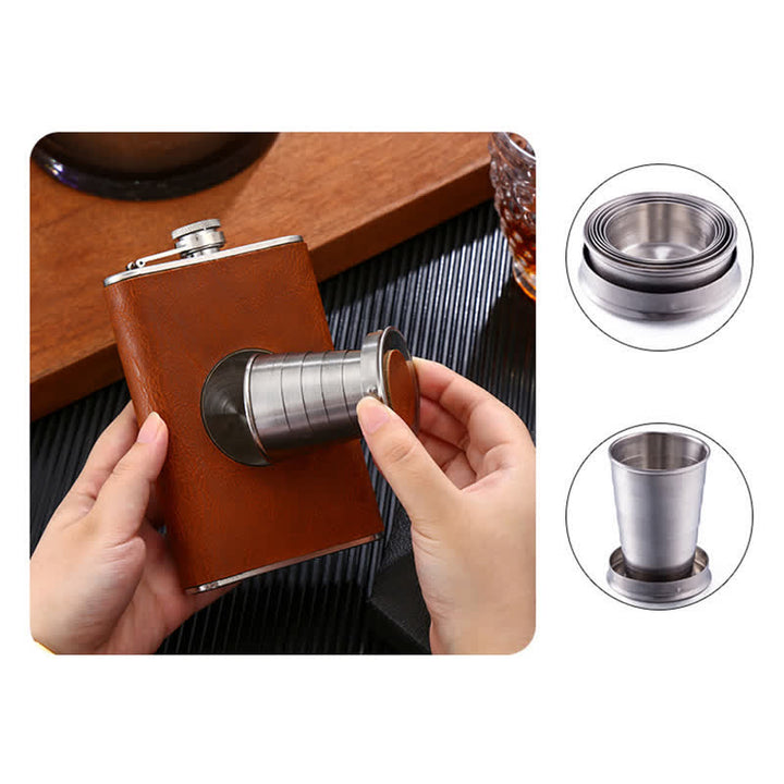 Termo portátil de 8 oz con revestimiento de cuero y vaso integrado