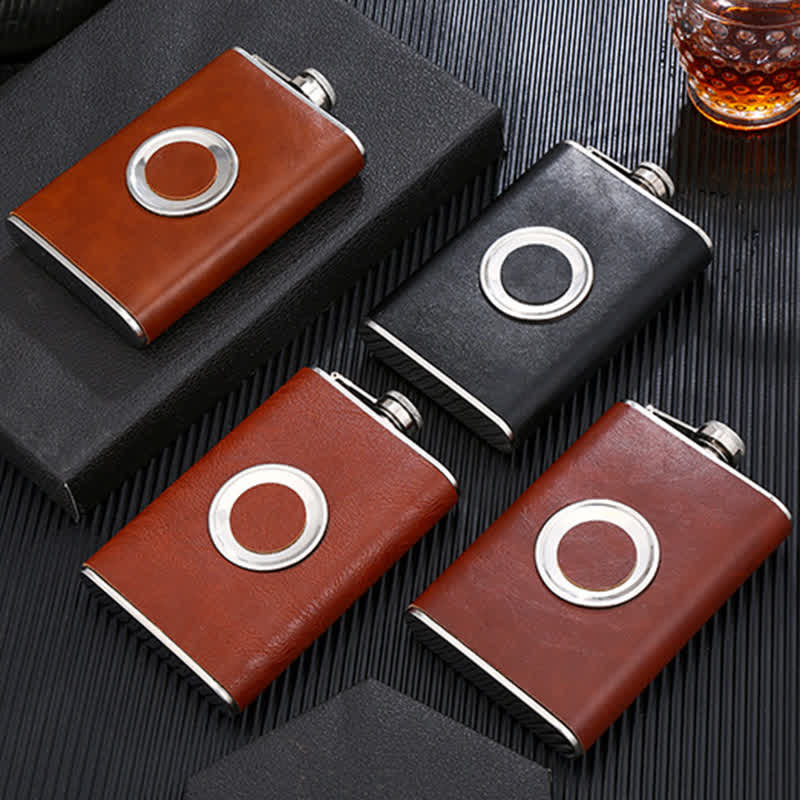 Termo portátil de 8 oz con revestimiento de cuero y vaso integrado