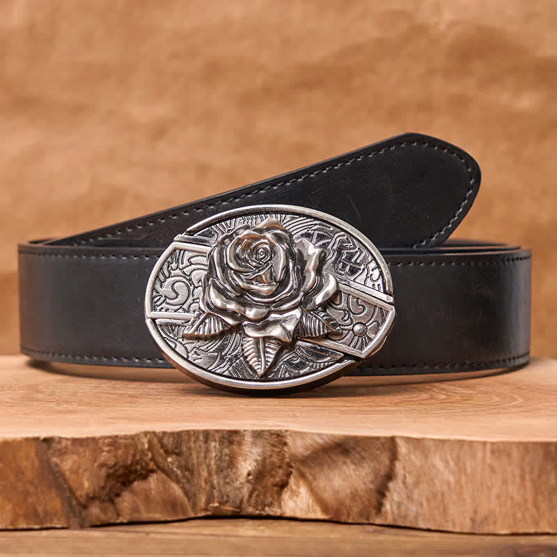 Cinturón de cuero con cuchillo plegable oculto estilo Western Rose para hombre - Rosa occidental - Cinturón de PU negro - 42 - image 4