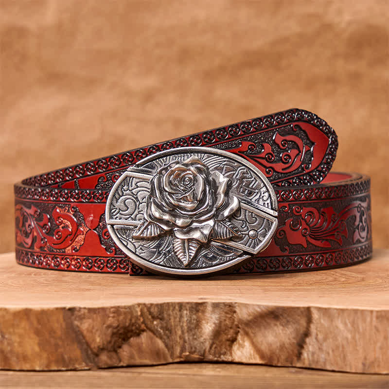 Cinturón de cuero con cuchillo plegable oculto estilo Western Rose para hombre - Rosa occidental - Cinturón marrón tallado - 42 - image 9