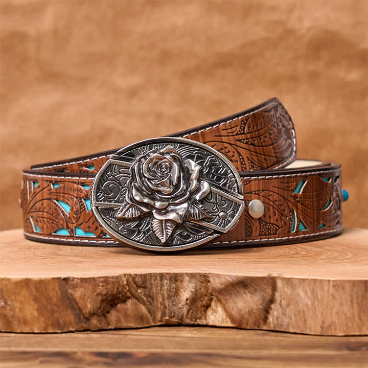 Cinturón de cuero con cuchillo plegable oculto estilo Western Rose para hombre - Rosa occidental - Cinturón tallado en turquesa - 42 - image 5