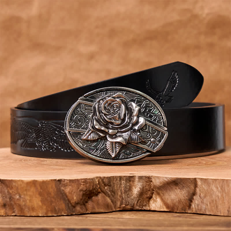Cinturón de cuero con cuchillo plegable oculto estilo Western Rose para hombre - Rosa occidental - Cinturón de águila negra en relieve - 42 - image 6