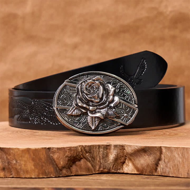Cinturón de cuero con cuchillo plegable oculto estilo Western Rose para hombre - Rosa occidental - Cinturón de águila negra en relieve - 42 - image 6