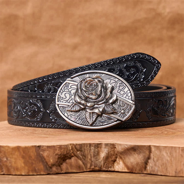 Cinturón de cuero con cuchillo plegable oculto estilo Western Rose para hombre - Rosa occidental - Cinturón negro tallado - 42 - image 8