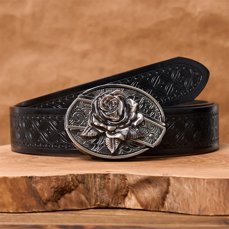 Cinturón de cuero con cuchillo plegable oculto estilo Western Rose para hombre - Rosa occidental - Cinturón de tejido en relieve negro - 42 - image 7