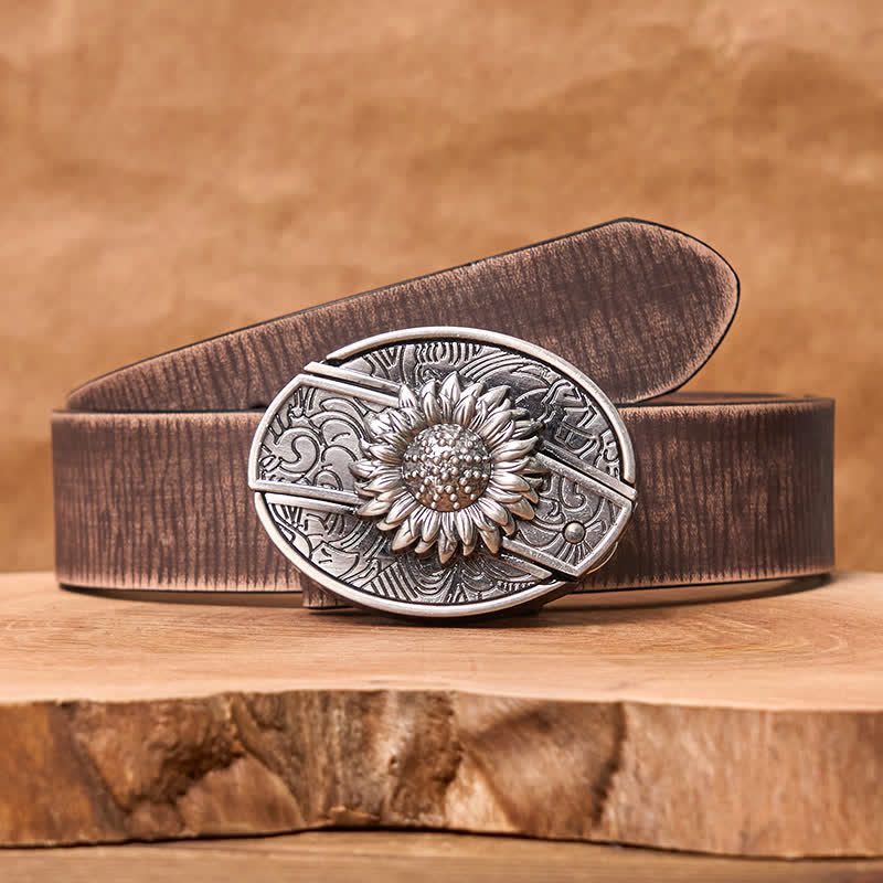 Cinturón de cuero con cuchillo plegable oculto de girasol para hombre - Girasol - Cinturón marrón desgastado - 42 - image 10
