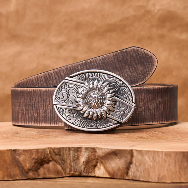 Cinturón de cuero con cuchillo plegable oculto de girasol para hombre - Girasol - Cinturón marrón desgastado - 42 - image 10