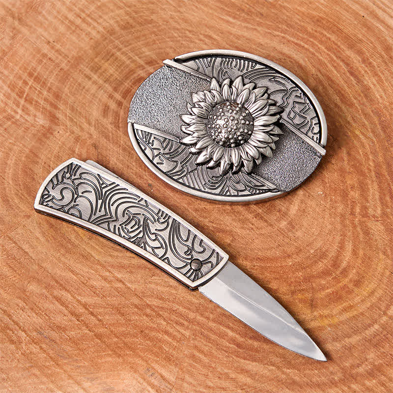 Cinturón de cuero con cuchillo plegable oculto de girasol para hombre - image 1