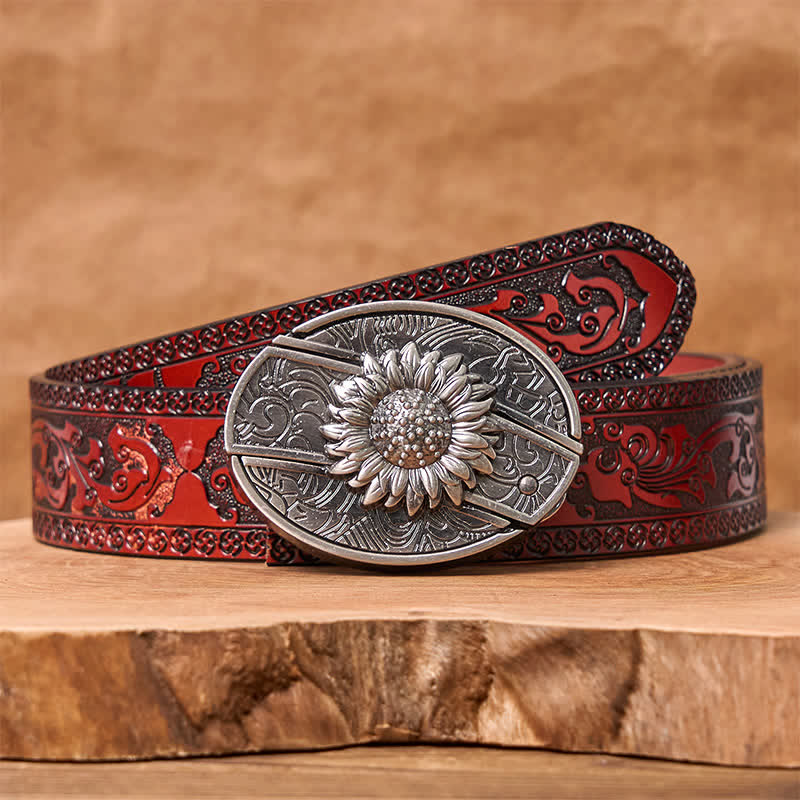 Cinturón de cuero con cuchillo plegable oculto de girasol para hombre - Girasol - Cinturón marrón tallado - 42 - image 8