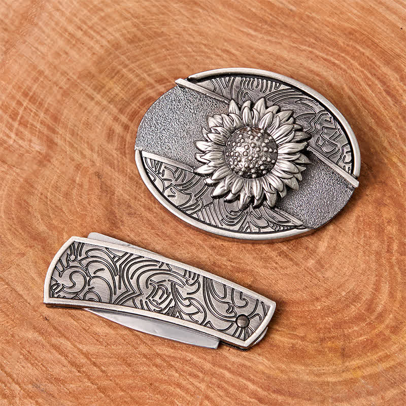 Cinturón de cuero con cuchillo plegable oculto de girasol para hombre - image 2