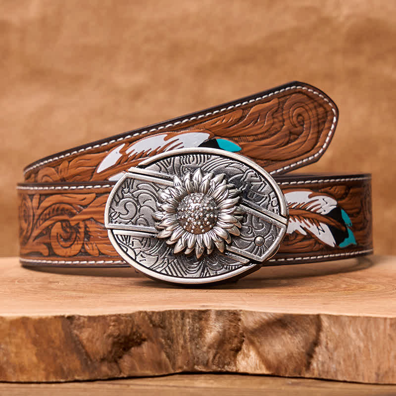 Cinturón de cuero con cuchillo plegable oculto de girasol para hombre - Girasol - Cinturón de plumas marrones - 40 - image 11