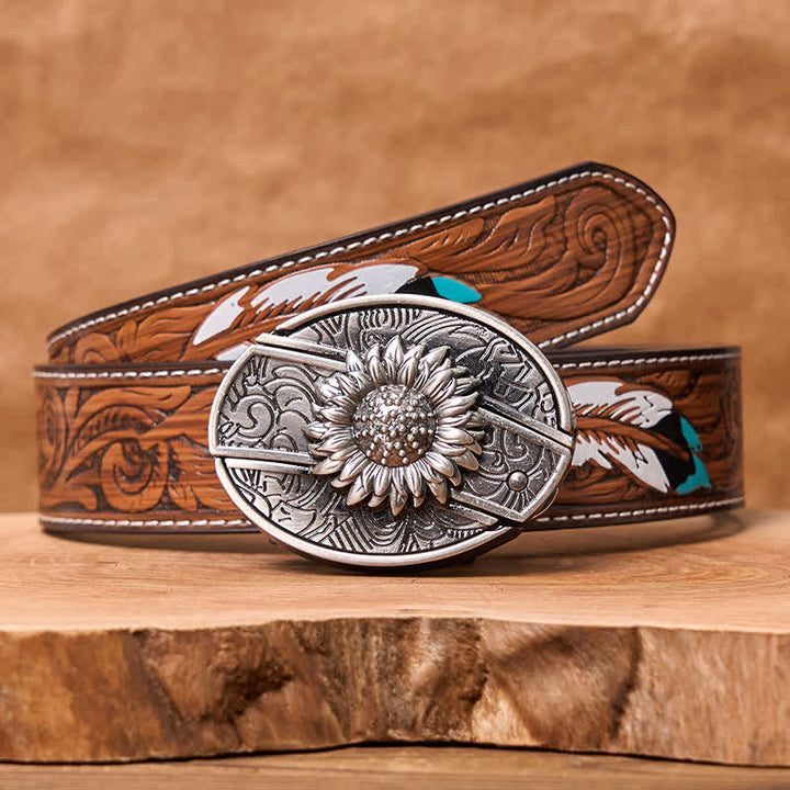 Cinturón de cuero con cuchillo plegable oculto de girasol para hombre - Girasol - Cinturón de plumas marrones - 40 - image 11