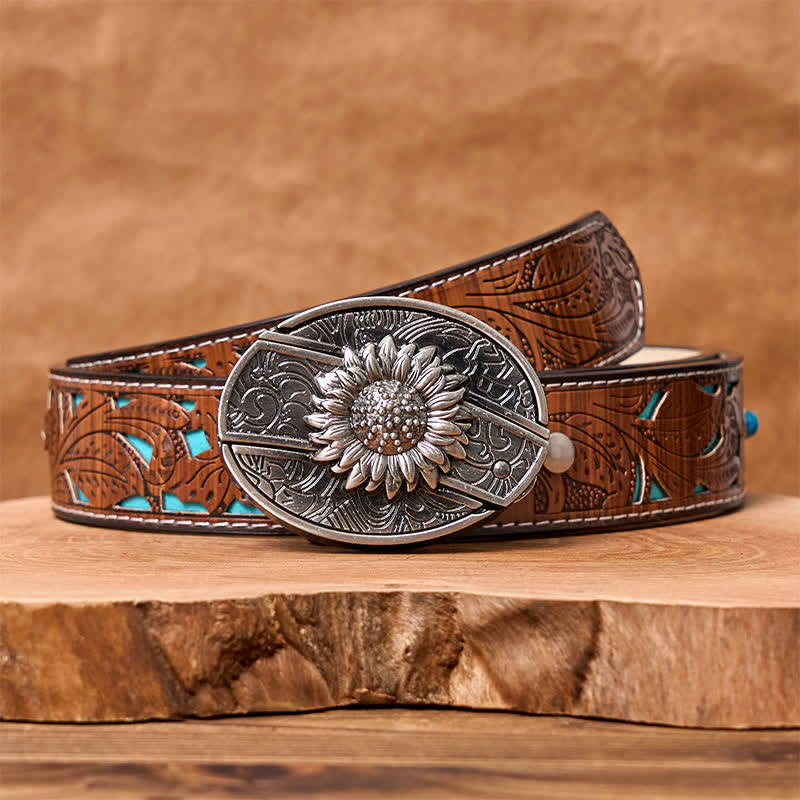 Cinturón de cuero con cuchillo plegable oculto de girasol para hombre - Girasol - Cinturón tallado en turquesa - 42 - image 7