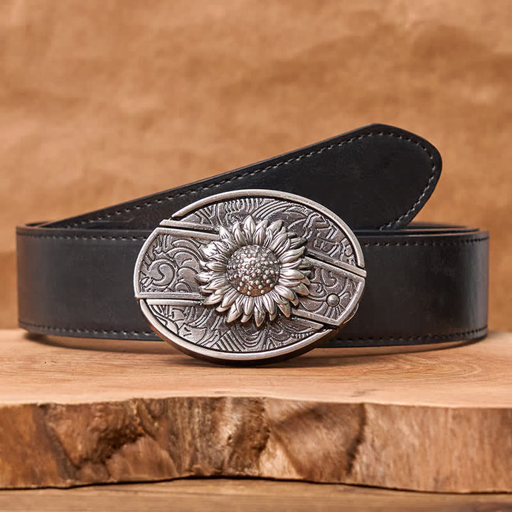 Cinturón de cuero con cuchillo plegable oculto de girasol para hombre - Girasol - Cinturón de PU negro - 42 - image 6