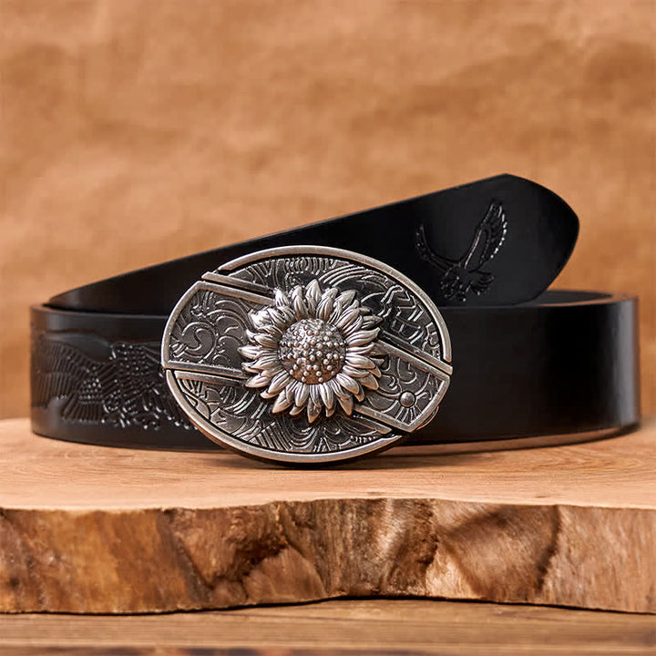 Cinturón de cuero con cuchillo plegable oculto de girasol para hombre - Girasol - Cinturón de águila negra en relieve - 42 - image 9