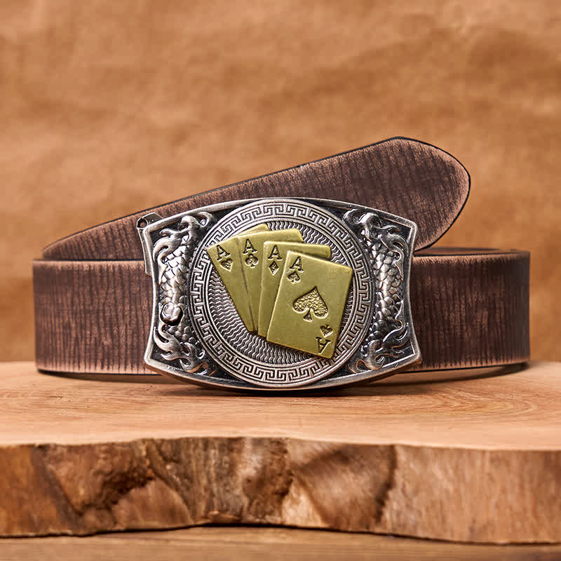 Cinturón de cuero con navaja plegable oculta para hombre, hecho a mano con póker dorado - Póker de oro - Cinturón marrón desgastado - 42 - image 10