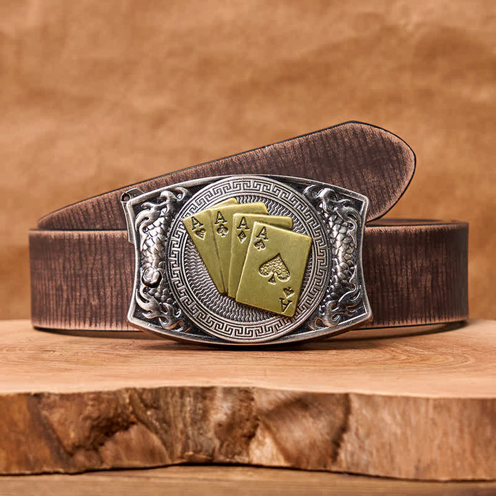 Cinturón de cuero con navaja plegable oculta para hombre, hecho a mano con póker dorado - Póker de oro - Cinturón marrón desgastado - 42 - image 10