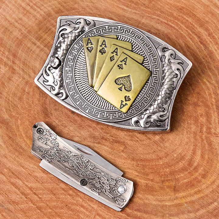 Cinturón de cuero con navaja plegable oculta para hombre, hecho a mano con póker dorado - image 3