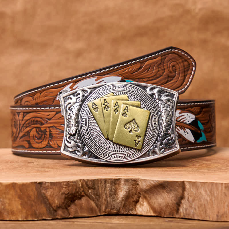 Cinturón de cuero con navaja plegable oculta para hombre, hecho a mano con póker dorado - Póker de oro - Cinturón de plumas marrones - 40 - image 11