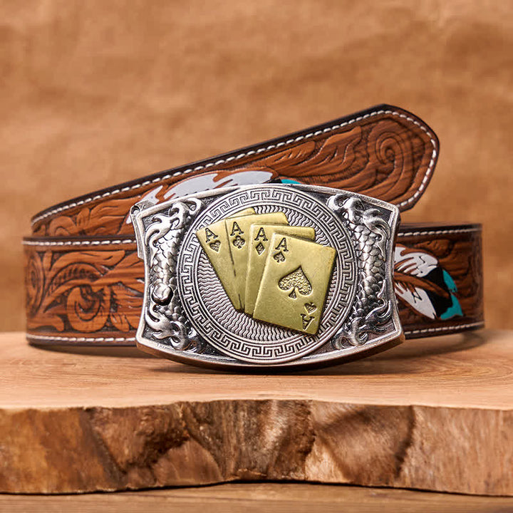 Cinturón de cuero con navaja plegable oculta para hombre, hecho a mano con póker dorado - Póker de oro - Cinturón de plumas marrones - 40 - image 11