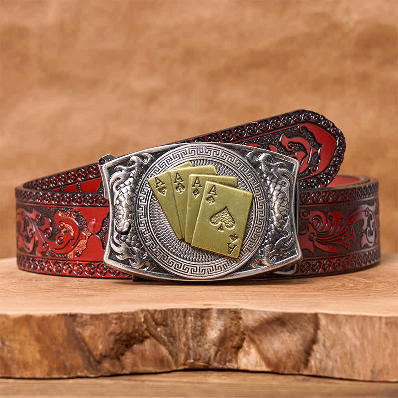 Cinturón de cuero con navaja plegable oculta para hombre, hecho a mano con póker dorado - Póker de oro - Cinturón marrón tallado - 42 - image 9