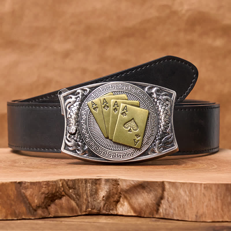 Cinturón de cuero con navaja plegable oculta para hombre, hecho a mano con póker dorado - Póker de oro - Cinturón de PU negro - 42 - image 6