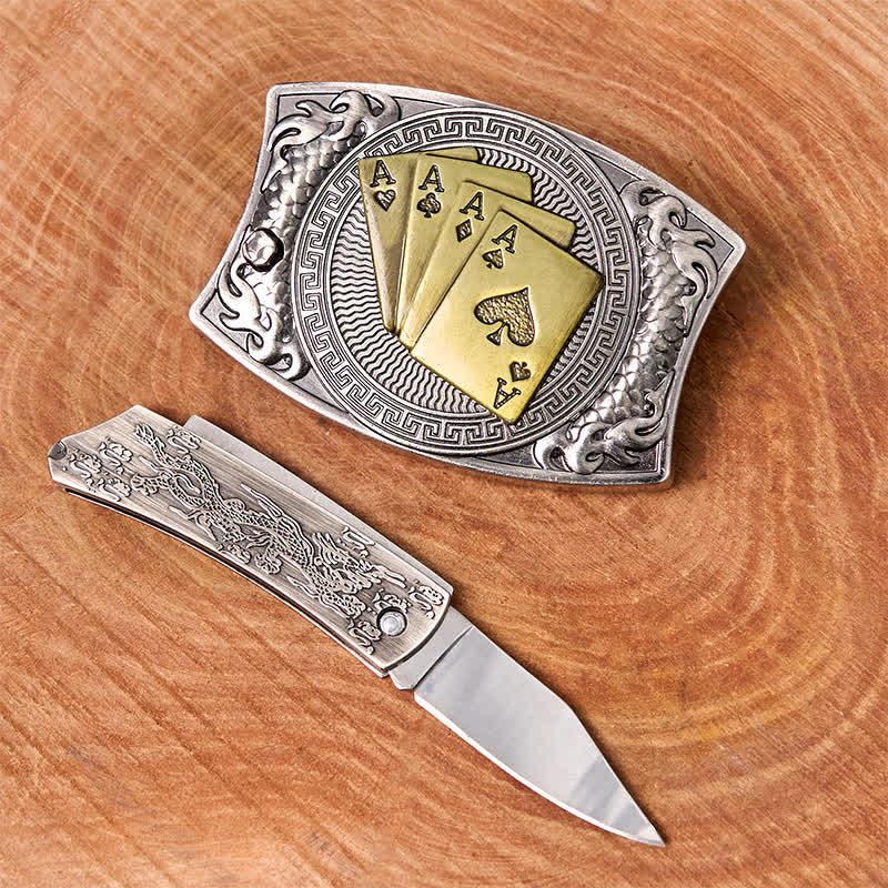 Cinturón de cuero con navaja plegable oculta para hombre, hecho a mano con póker dorado - image 1