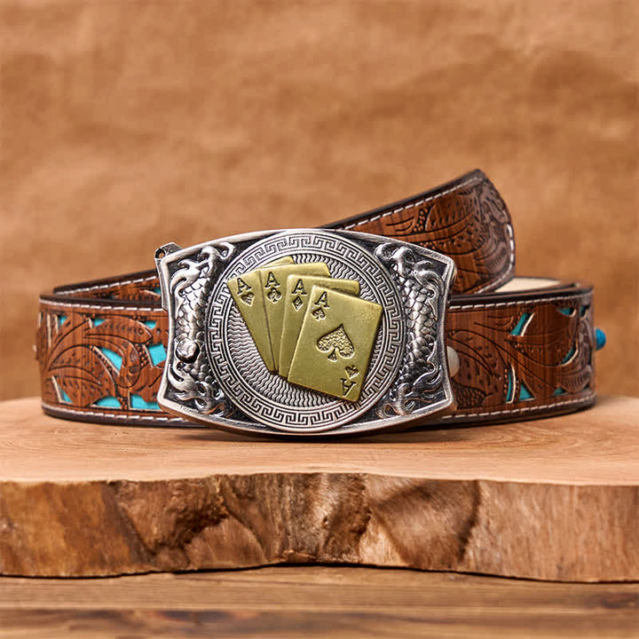 Cinturón de cuero con navaja plegable oculta para hombre, hecho a mano con póker dorado - Póker de oro - Cinturón tallado en turquesa - 42 - image 7