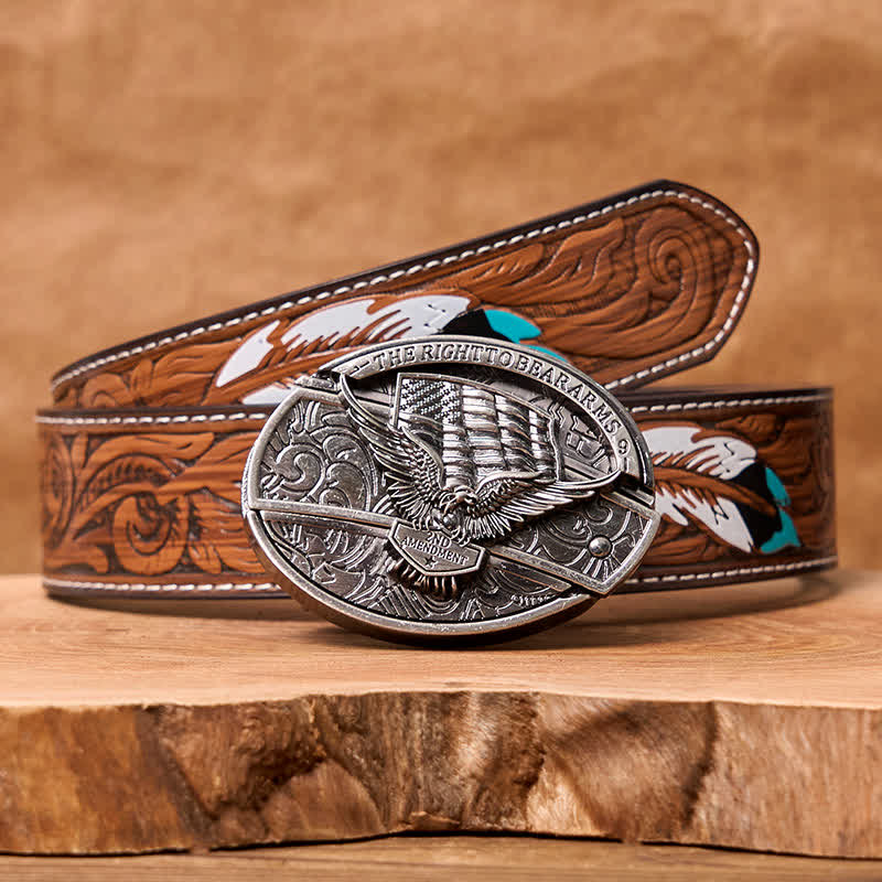 Cinturón de cuero con cuchillo plegable oculto con bandera de EE. UU. y águila para hombre - Águila - Cinturón de plumas marrones - 40 - image 12