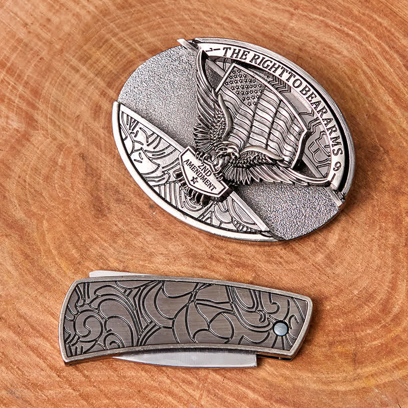 Cinturón de cuero con cuchillo plegable oculto con bandera de EE. UU. y águila para hombre - image 4