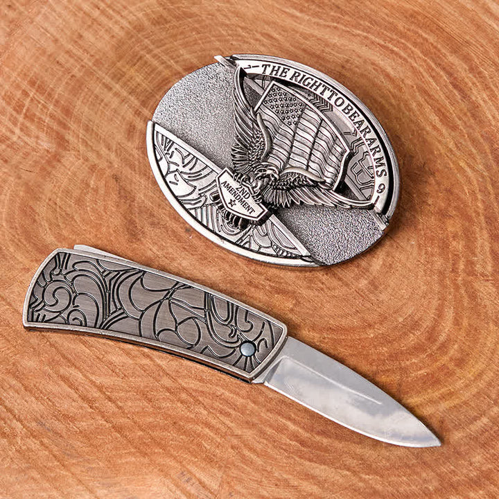 Cinturón de cuero con cuchillo plegable oculto con bandera de EE. UU. y águila para hombre - image 1