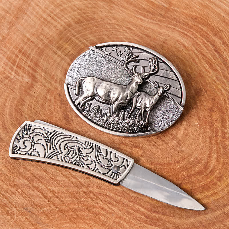 Cinturón de cuero con cuchillo plegable oculto con bandera de ciervo para hombre - image 1