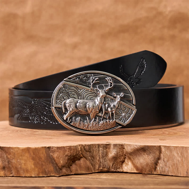 Cinturón de cuero con cuchillo plegable oculto con bandera de ciervo para hombre - Ciervo - Cinturón de águila negra en relieve - 42 - image 9