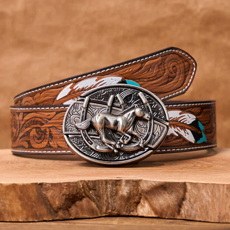 Cinturón de cuero con cuchillo plegable oculto para montar a caballo al galope, hecho a mano por hombres - Caballo al galope - Cinturón de plumas marrones - 40 - image 12