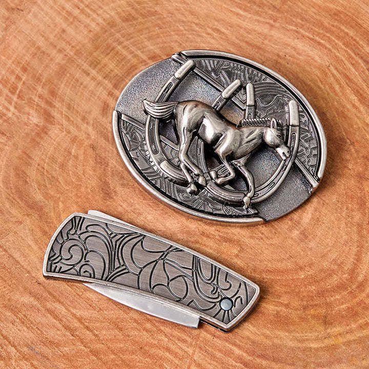 Cinturón de cuero con cuchillo plegable oculto para montar a caballo al galope, hecho a mano por hombres - image 3