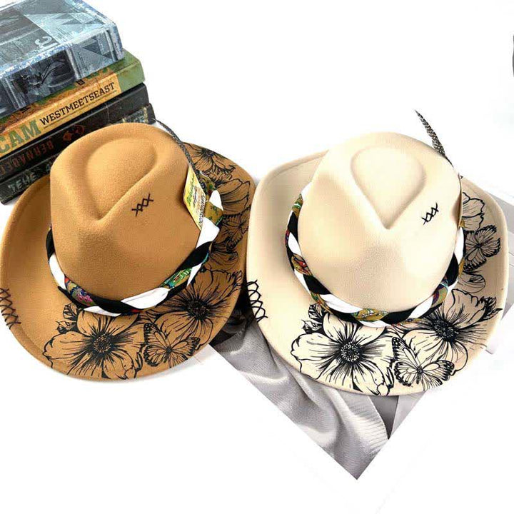 Sombrero de vaquero con correa étnica y decoración de plumas de girasol del oeste