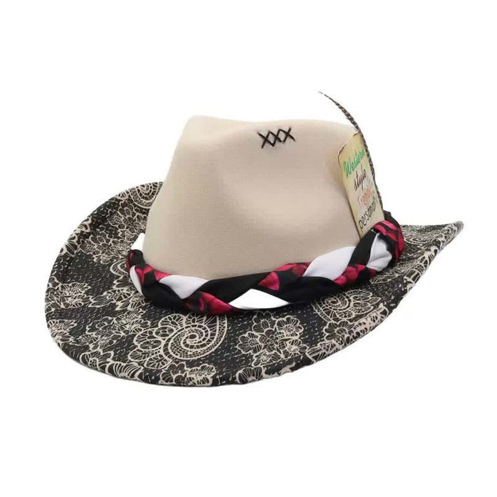 Sombrero de vaquero con correa étnica y decoración de plumas de margarita en dos tonos