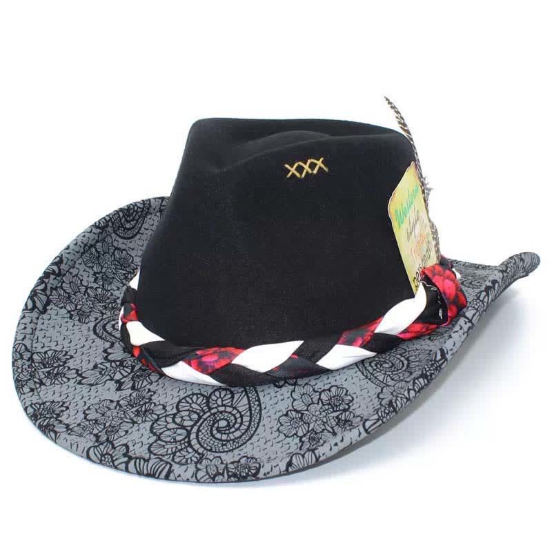 Sombrero de vaquero con correa étnica y decoración de plumas de margarita en dos tonos