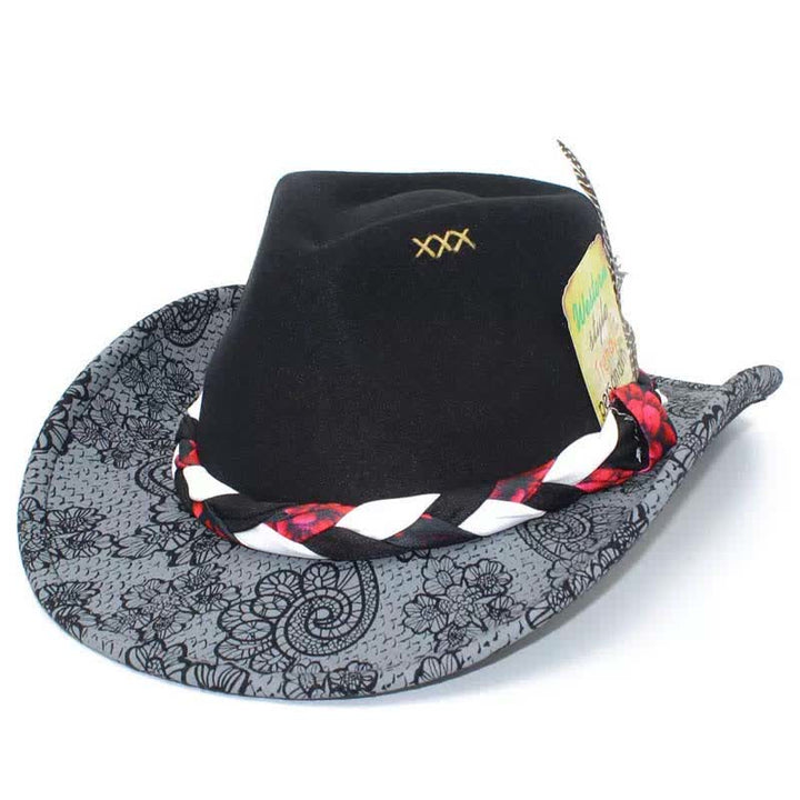 Sombrero de vaquero con correa étnica y decoración de plumas de margarita en dos tonos