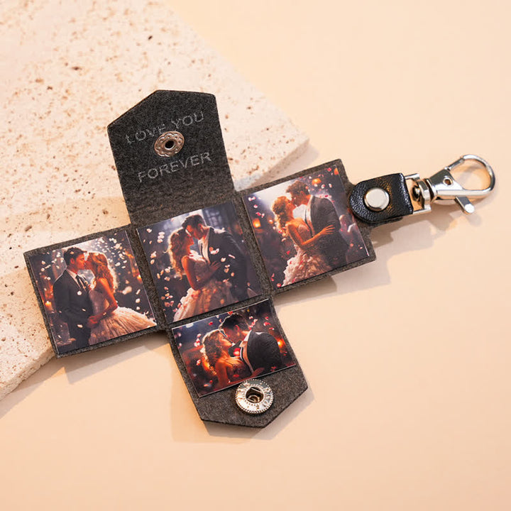 Llavero de cuero negro personalizado con 4 fotos y texto tallado