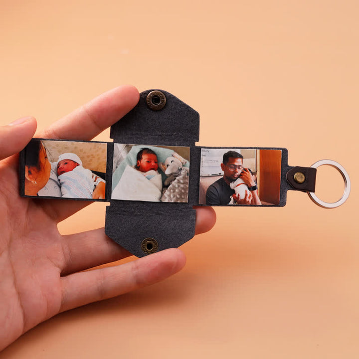 Llavero de cuero marrón personalizado con 3 fotos y texto tallado