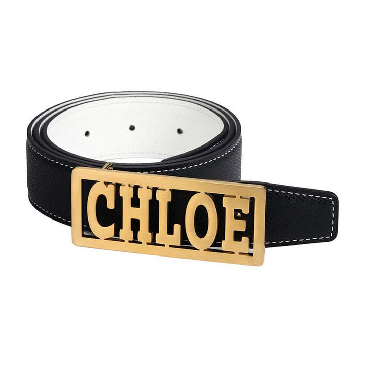 Cinturón de cuero con hebilla rectangular con nombre personalizado y letras cursivas