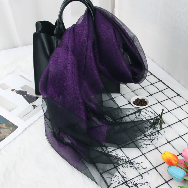 Bufanda de seda de organza con borlas brillantes y doble capa para mujer