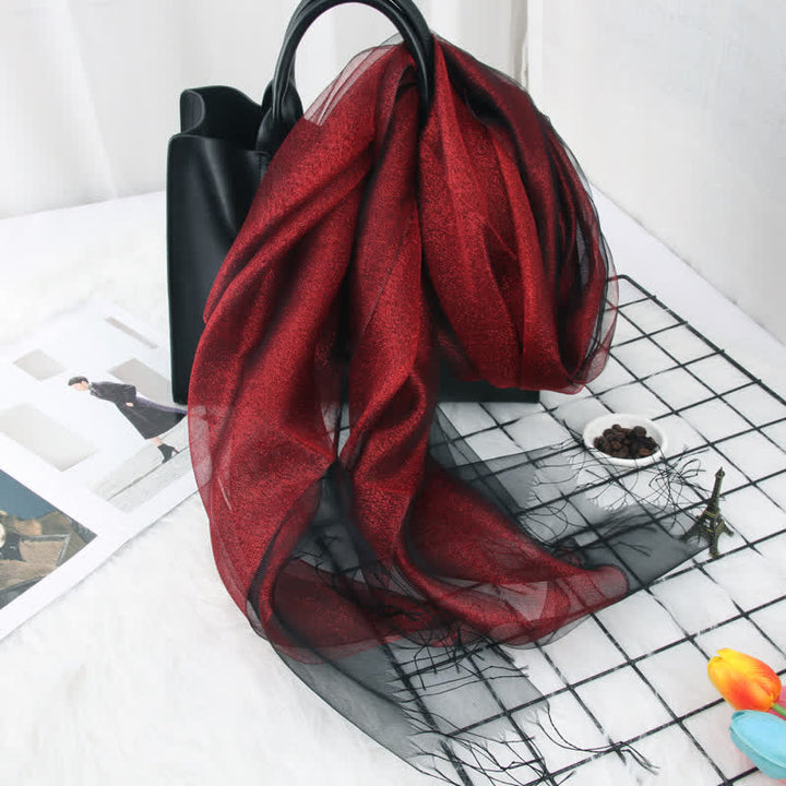 Bufanda de seda de organza con borlas brillantes y doble capa para mujer