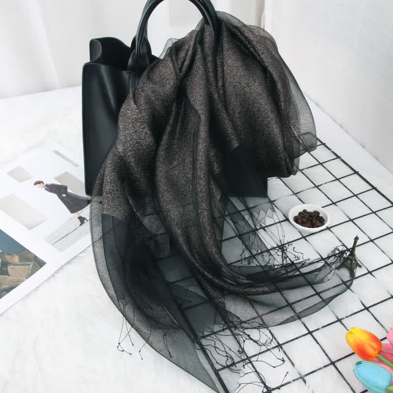 Bufanda de seda de organza con borlas brillantes y doble capa para mujer