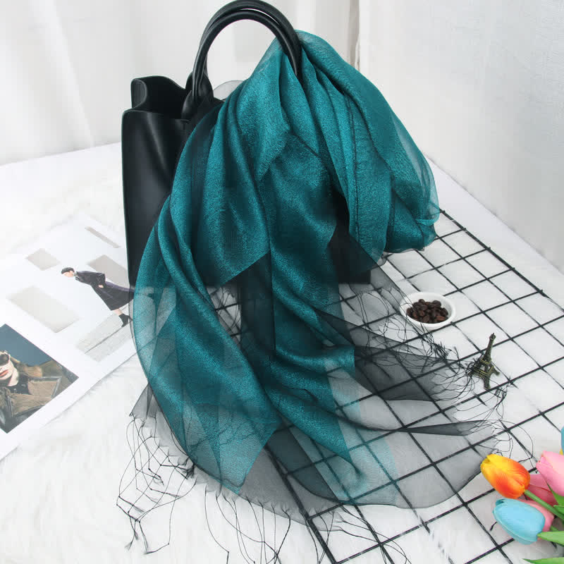 Bufanda de seda de organza con borlas brillantes y doble capa para mujer