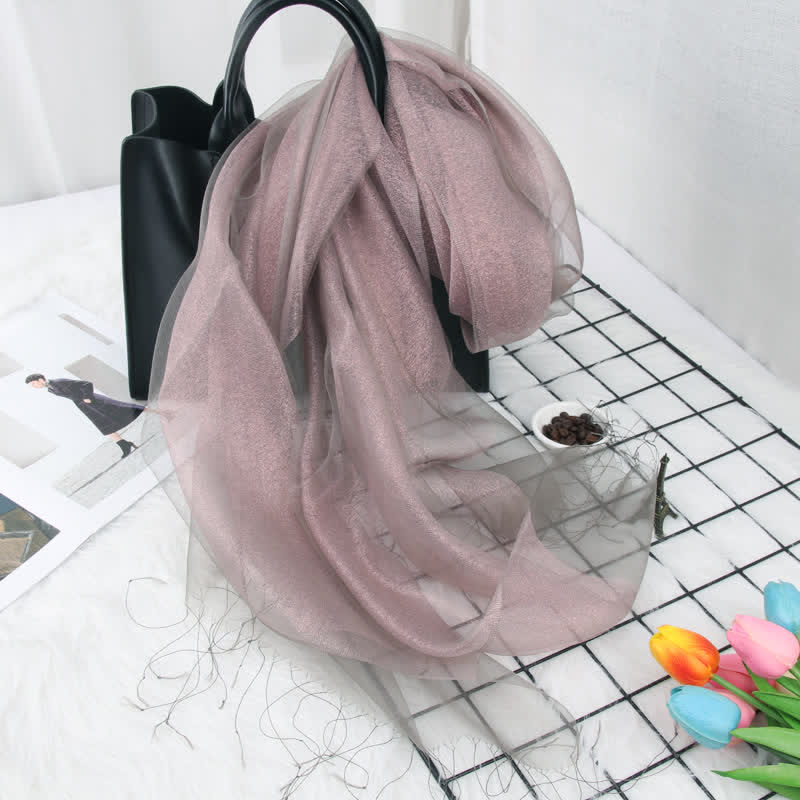 Bufanda de seda de organza con borlas brillantes y doble capa para mujer